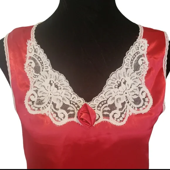 Vintage Red Satin Slip Dress Nightie Lace Rosette Beads Romantic Dark Coquette - Picture 3 of 12
